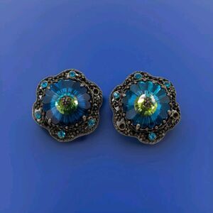 Vtg Signed Weiss Blue Glass Round Dome Huggie Clip Beautiful Earrings Read